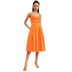 Farm Rio Orange Corset Pleated Sleeveless Midi Dress Womens M